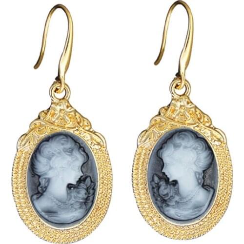 6 Colors Flower Pendant Lady Queen Cameo Earrings For Women Gold Color Pink Blue Gray Fashion Plant Dangle Cameo Earring