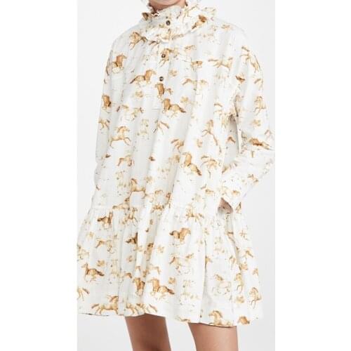 2021 Spring Summer Horse Print Women Mini Dress Frill Trim Collar Long Sleeve Loose A-line Short Dresses With Buttons