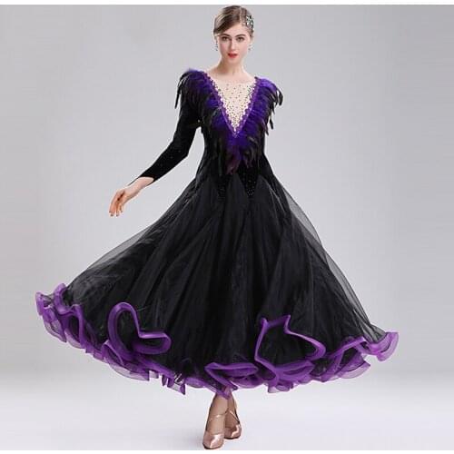 New Women Ballroom Dance Dress Sexy Long Sleeve Feather Collar Performance Stage Modern Jazz Waltz Tango Foxtrot Dresses DWY2180