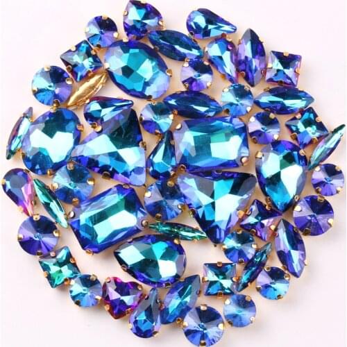 Gold claw settings 50pcs/bag shapes mix sapphire rainbow glass crystal sew on rhinestone garments shoes bags diy trim