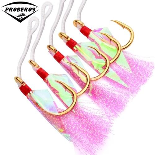 20pcs/lot Saltwater Fishing Hooks with Pink Feather 1/0-9/0 JIGGING HOOKS Gold and Black 2 Colors Stainless Steel Fishing Hooks