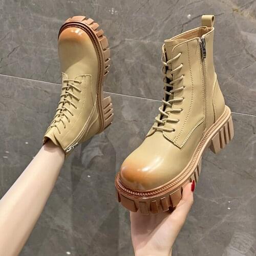 Mix Color Pu Leather Ankle Boots for Women Gothic Lace Up Platform Motorcycle Boots Woman Waterproof Square Heel Booties