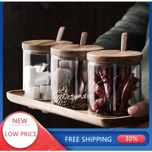Wooden Lid Seasoning Jar Glass Storage Food Grade Transparent Containers Kitchen Bar Sealed Tank Salt Sugar Spice Reserve Tools