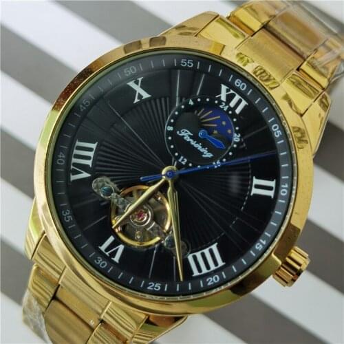 Forsining Brand Men Mechanical Watch Tourbillon Moonphase Clock Golden Steel Wristwatches Masculino Relogio Saat Watches For Man