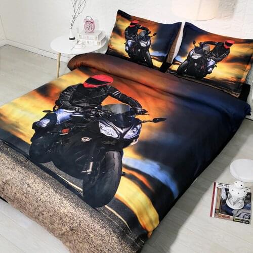3PCS Set Motorbike rider traveling at sunset 3d bed sheet set