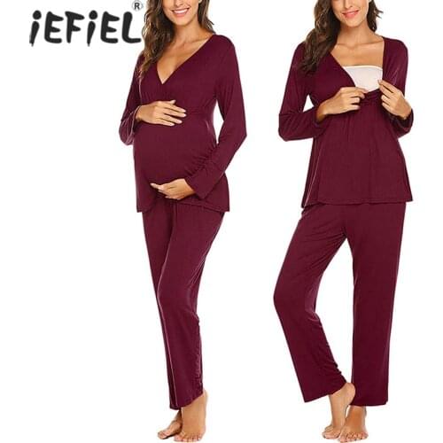 Maternity Pajamas Breastfeeding Pregnant Women Nursing Pajama Set V-neck Tops Adjustable Pants Sleepwear Pregnancy Nightgowns