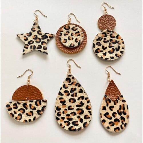 Leopard Genuine Leather Earrings for Women Horse Hair Geometric Round Star Leather Earrings Fashion Jewelry Hot Sale Gift
