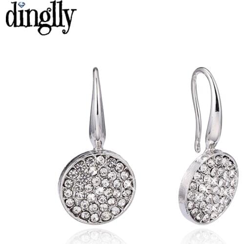 Dinglly Vintage Round Dangle Charm Hook Earring For Women Girls Fine Shiny Crystal Silver Color Eardrop Friends Birthday Gift