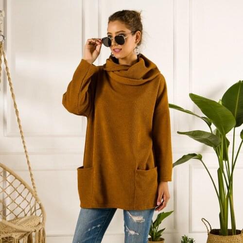 Fall Winter Sweater Women Dropshipping Pullover Loose Solid Color Sweater with High Collar Pockets Casual Loose Woman Sweaters