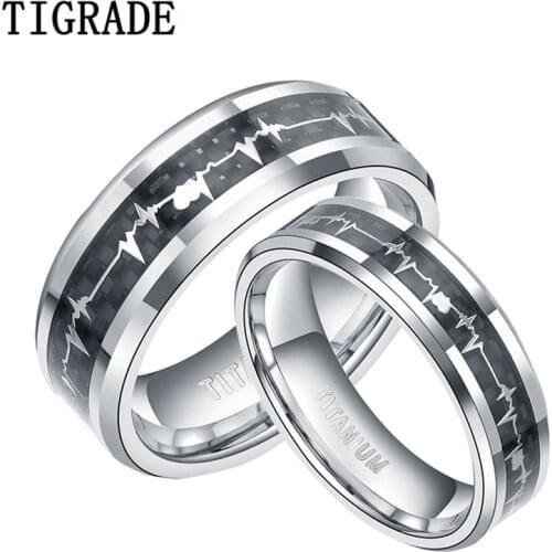 Tigrade Unisex Titanium Ring To Lover Black Inlay with Heart ECG Design Men Women Wedding Band Couple Custom Engraving unique