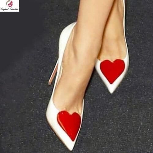 Womens Pumps Red Heart Decoration PU Leather High Heels Office Stiletto Women Dress Party Wedding Shoes Large Size Black White