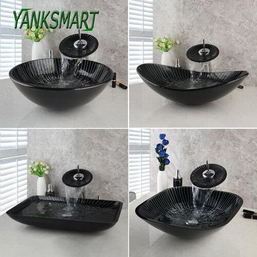 YANKSMART Bathroom Tempered Square/Round Glass Washbasin Vessel Sink Stripe White & Black Waterfall Faucet Set With Pop-up Drain