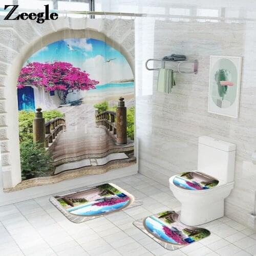 Zeegle Bath Mat and Shower Curtain Microfiber Toilet Carpet Absorbent Bathroom Carpet Non-Slip Foot Mat Set