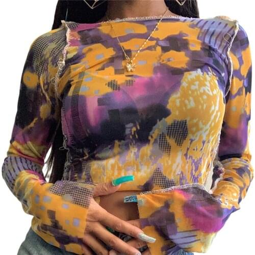 Xingqing Women’s Clothing Multi-Color See-Through One-Line Neck Long-Sleeves Crop Top for Ladies Clothing Streetwear Tshirts