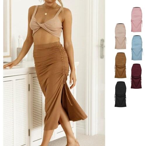 Solid Split Midi Skirt Sexy Women Knitted Drawstring Y2K Bodycon Skirts Elegant High Waist Party Streetwear Club Skirt Robe Jupe