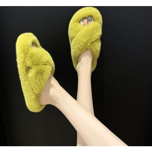 Furry Womens Sandals Outdoor Plush Fur Women Slippers Sandals with Rubber Soles Non-slip Indoor Slippers Zapatillas De Mujer