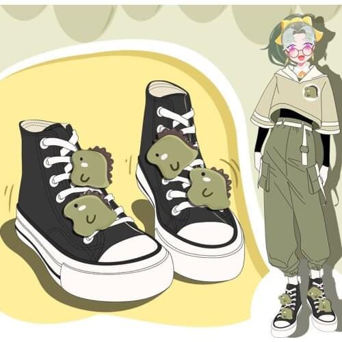 Ladies Lovely Anime Dinosaur Hand Made Canvas Shoes Spring Autumn Black High Top Students Casual Sneakers Women Vulcanize Shoes
