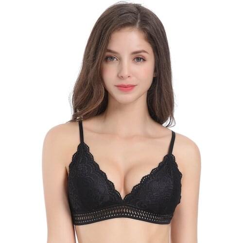 Women Bralette French Style Floral Lace Bra Girls Triangle Cup Lingerie Deep V Wireless Underwear Soft Thin Seamless Bra