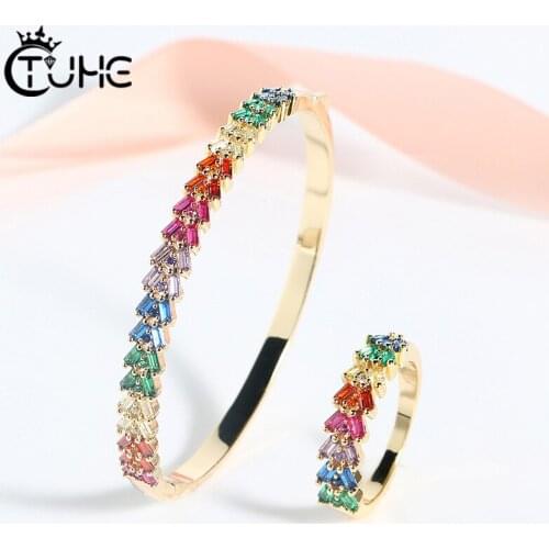 Fashion Gold Filled Rainbow Baguette CZ Jewelry Sets Fashion Trendy Women Lady Gorgeous Colorful Bangle Earring Jewelry Gift