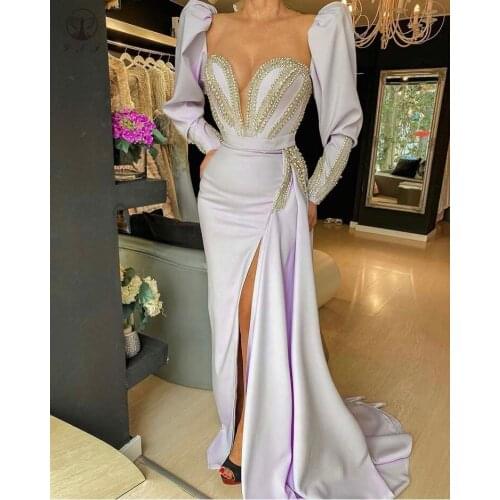 2020 Sexy Vestidos De Formature Illusion O Neck Deep V Beaded Crystals Long Sleeve Sheath Prom Dresses with Overskirt