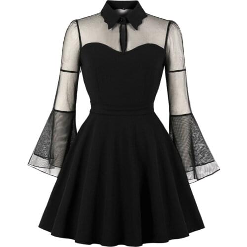 Women Black Punk Gothic Dress Autumn Sexy Mini Party Dresses Black Flare Sleeve Mesh See-Through Plus Size Vintage Retro Dress
