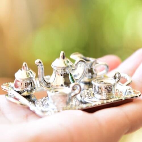 10pcs 1:12 Scale Metal Tea Lid Pot Cups Tray Serving Coffee Set Dollhouse Miniatures Doll Home Toys Accessories Silver