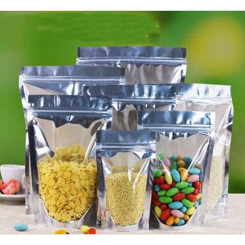 100Pcs Stand up Clear Aluminium Foil Zip Lock Bag Silvery Metallic Plastic Packaging Pouch for Food Tea Candy Cookie Baking