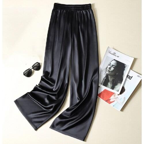 Acetate wide-leg pants womens high-waist drape silk skating straight-leg pants thin loose casual trousers solid color pants