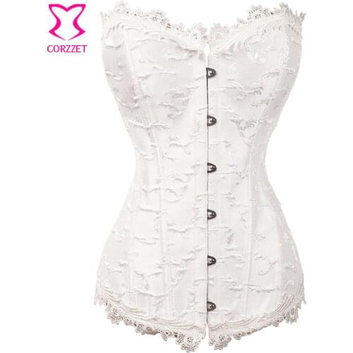 White Jacquard Overbust Burlesque Corsets and Bustiers Lace Trim Gothic Corset Sexy Corselete Feminino Bridal Clothing Korset