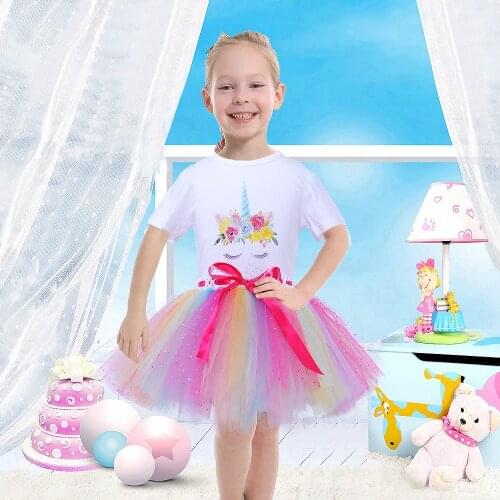 Glitter Rainbow Girls Tutu Skirt Kids Clothes for Girls 2pc Set Princess Tulle Tutu Costume for Birthday Mom and Me Summer Skirt
