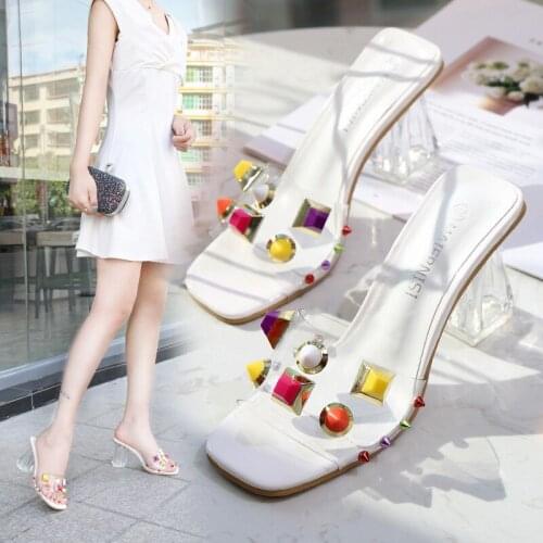 Fashionable Temperament PVC Transparent Heel High Heels Thick Heel Peep-toe Sandals Candy Color The Rivet Womens Shoes