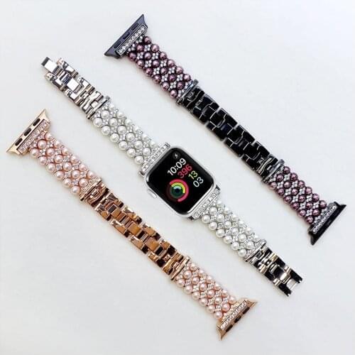 Pearl Diamond Steel Band Chain Wristband For Apple Watch Strap 38MM 40MM 42MM 44MM High-Quality Strap Iwatch 1 2 3 4 5 6 Se Gift