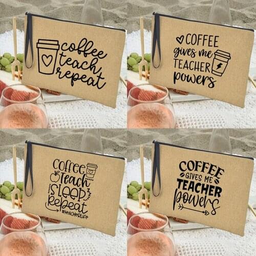 Coffee Teach Repeat Women Toiletry Organizer Cosmetic Bags Portable Female Travel Makeup Case Pencil Storage Bag Teacher Gifts