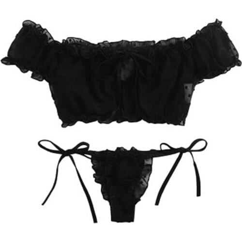 Underwear Set Sexy Women Self Tie Ruffle Trim Dobby Mesh Hollow Out Solid Lingerie Set Sexy Bra and Panty Sets Briefs Sleepwear