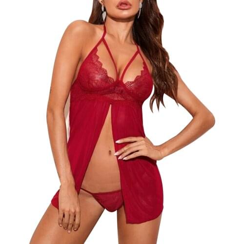 Women Sexy Two-piece Lingerie Set, Wine Red Suspender Backless Lace Underwear + T-shaped Panties
