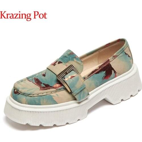 Krazing Pot concise style full grain leather mixe colors buckle decorations square toe thick high heel slip on women pumps L05