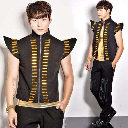 Nightclub Male singer dj punk rack drum clothes Mens Fashion Sequin Vest costume set party show stage performance wear