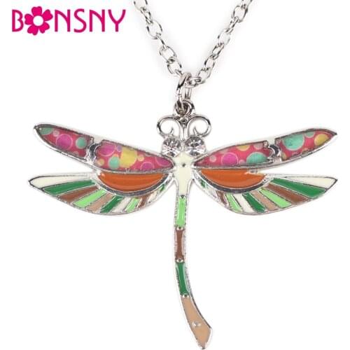 Bonsny Dragonfly Necklace Enamel Pendant Zinc Alloy Plate Hot 2016 Novelty Jewelry For Women Statement Charm Collar Accessories