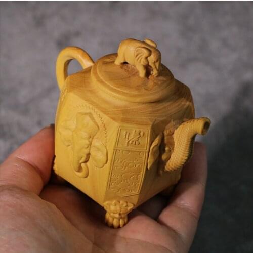 Boxwood 8Cm Teapot Sculpture Home Decoration Chinese Lucky Crafts Gifts Auspicious Eight Elephant Teapot Statues Home Decor