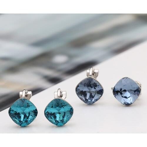 MOONROCY Rose Gold / Silver Color Crystal Earrings Clip Red Blue Purple Green Square Earrings Geometry Dropshipping Italina Gift