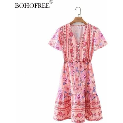 Pink V-neck Printed Short Sleeve Elastic Waist Lace-up Chiffon Beach Dress Mujer Printed Stitching Buttons Vestido