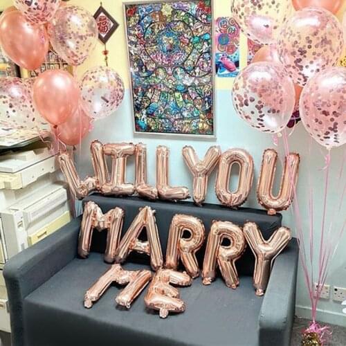 1 set of 16-inch rose gold, gold, silver and red Will you marry me aluminum foil balloons, used for proposal party bridal gifts