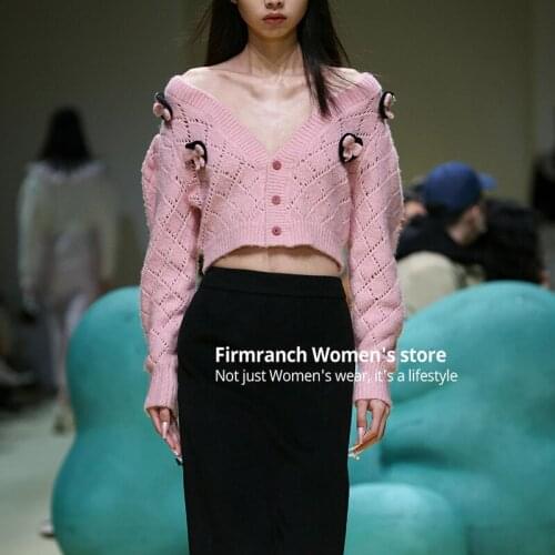 Firmranch 2021Wool/ Mohair Pink V Neck Crochet Hollow Knit Cardigan Love Holiday Loose Vintage Sweater Blouse With Flower Coat
