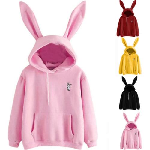 Women Bunny Rabbit Ears Hoodie Long Sleeve Hooded Pullover Top Spring Fall Casual Sweatshirt Tops Kawaii Outwear
