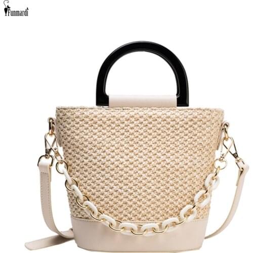 FUNMARDI Female Bohemia Style Tote Bags Large Capacity Bucket Bags 2021 Summer New Straw Women Bag Chain Design Handbag WLHB2426