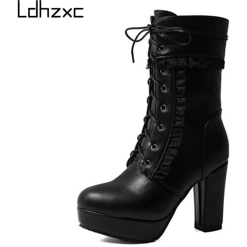 LDHZXC 2020 Winter Short platform Boots For Women High Hoof Heels Ankle Strap Buckles Female Ankle Boots Fashion Ruffles