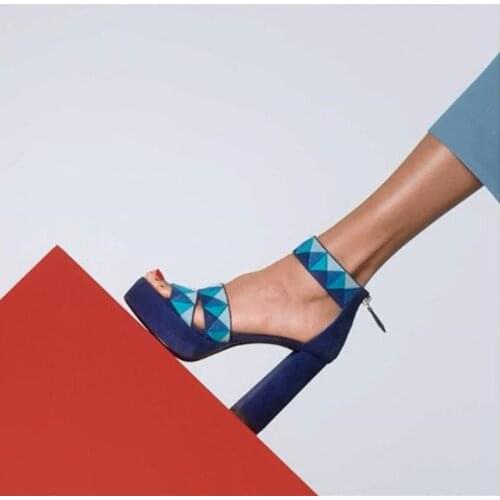 Cow Suede Women Casual Sandals Mixed Colors Geometric Pattern Square Heel Woman Sandals Luxury Design Runway Summer Female Shoes