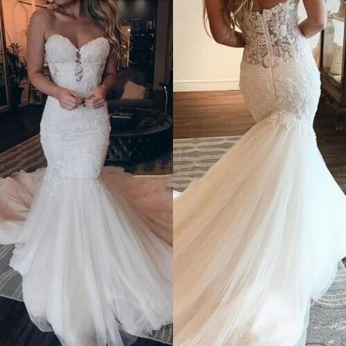Sexy Sweetheart Neckline Mermaid Wedding Dress Flower Pattern Appliques Lace Tulle Illusion Bridal Gowns vestidos de noiva