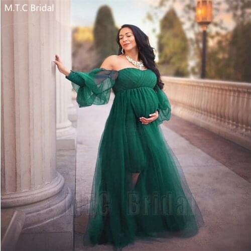 Long Sleeves Green Tulle Evening Formal Dress Off The Shoulder High Waist Plus Size Pregnant Women Prom Gowns Robe De Soiree