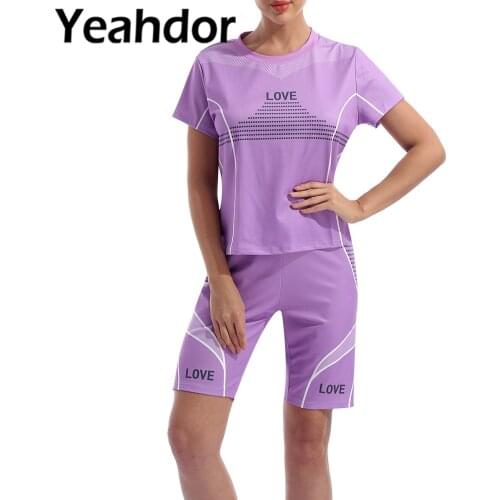 2PCS Women Summer Yoga Gym Sport Suit Round Neck Short Sleeve Letter Print T-shirt and Shorts Active Workout Running Sports Set